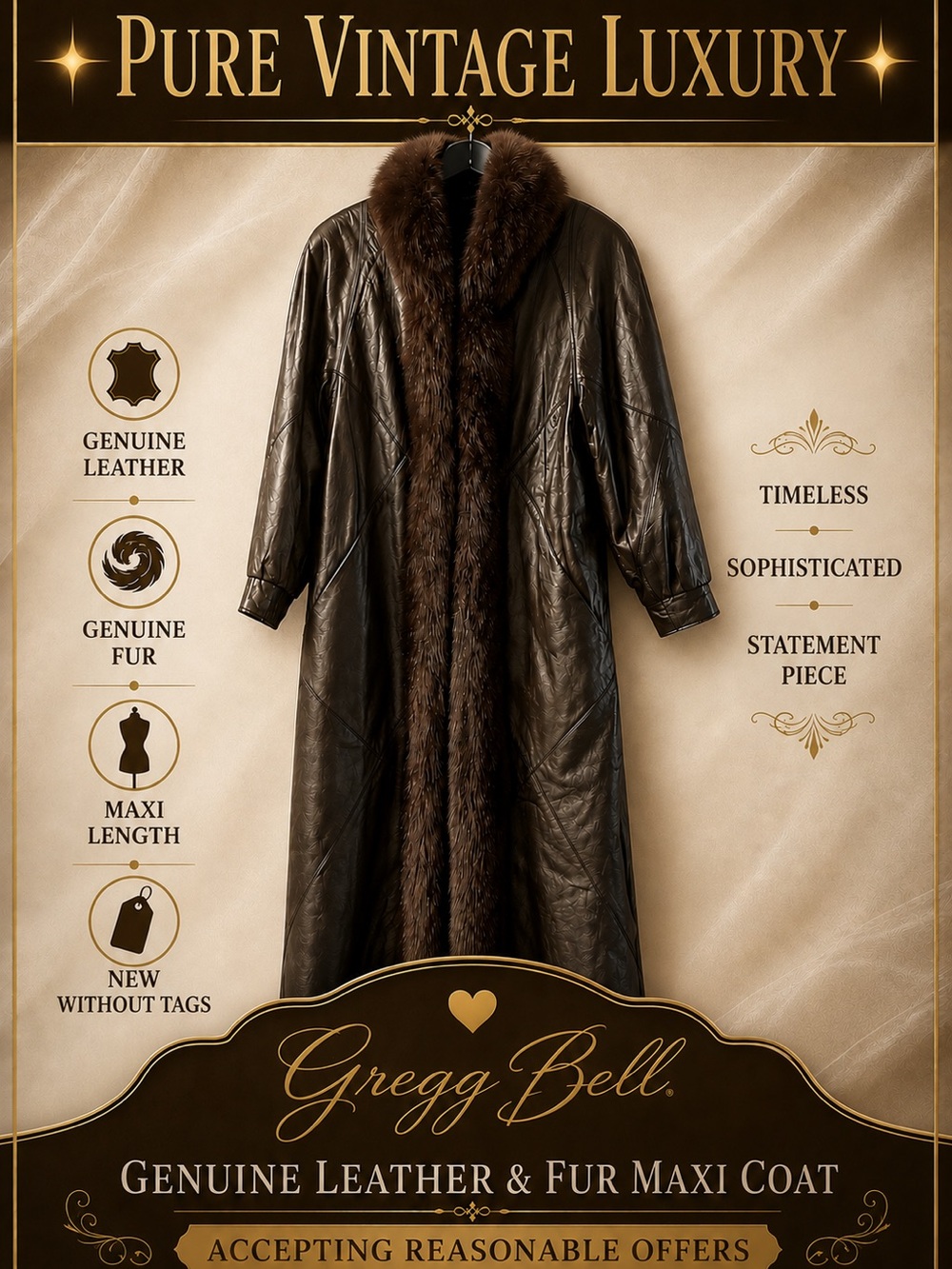 Gregg Bell Luxurious Chocolate Brown Leather Coat with Genuine Rabbit Fur Trim🔥